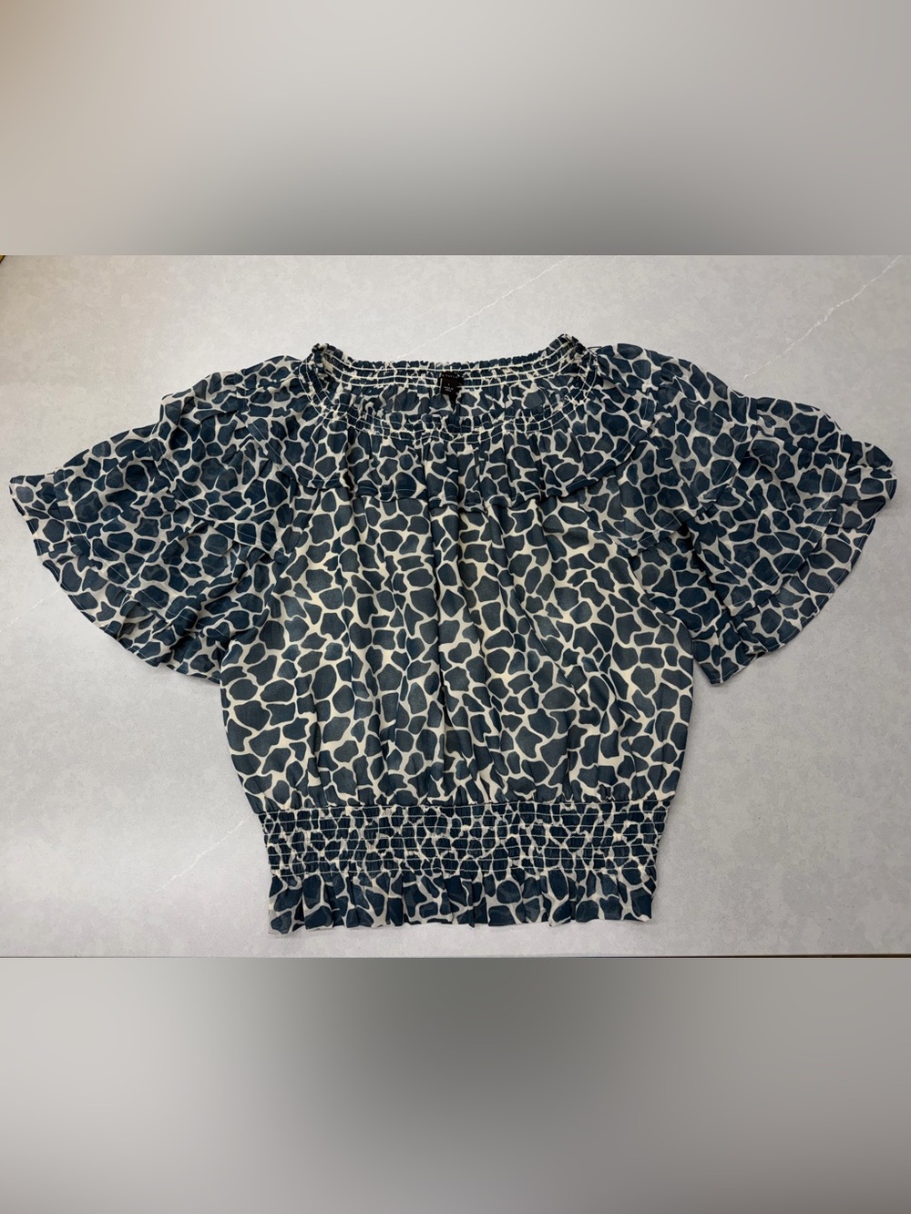 Ann Taylor Navy and Cream Animal Print Off-Shoulder Crop Top